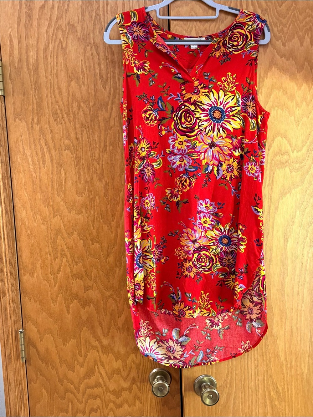 beachlunchlounge Red Floral High-Low Dress with Yellow and Purple Blooms